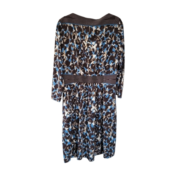 BCBG MaxAzria Sz L Faux Wrap 3/4 Sleeve Dress Blue Brown Pattern - Picture 2 of 12